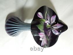 Fenton Black Opalescent Hand Painted Flower Art Glass Tulip Vase Signed A Slack