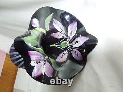 Fenton Black Opalescent Hand Painted Flower Art Glass Tulip Vase Signed A Slack