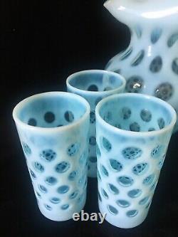 Fenton Blue Coin Dot Opalescent 7 Piece Water Set with Large Ice Lip Jug Pitcher