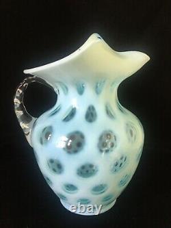 Fenton Blue Coin Dot Opalescent 7 Piece Water Set with Large Ice Lip Jug Pitcher