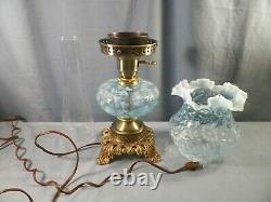 Fenton Blue Opalescent Glass Fern & Daisy Pattern Electric Table Lamp