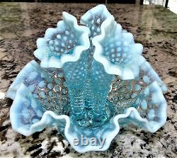 Fenton Blue Opalescent Hobnail 3 Horn Epergne 8.5 Glass Vtg Antique