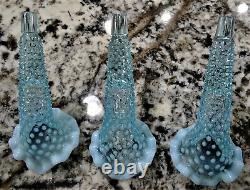 Fenton Blue Opalescent Hobnail 3 Horn Epergne 8.5 Glass Vtg Antique