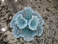 Fenton Blue Opalescent Hobnail 3 Horn Epergne 8.5 Glass Vtg Antique