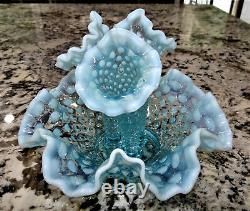 Fenton Blue Opalescent Hobnail 3 Horn Epergne 8.5 Glass Vtg Antique