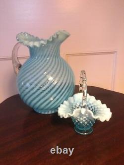 Fenton Blue Opalescent Swirl Spiral Optic Glass Water Pitcher and Hobnail Basket