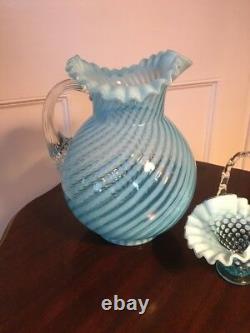 Fenton Blue Opalescent Swirl Spiral Optic Glass Water Pitcher and Hobnail Basket