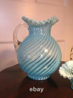 Fenton Blue Opalescent Swirl Spiral Optic Glass Water Pitcher and Hobnail Basket