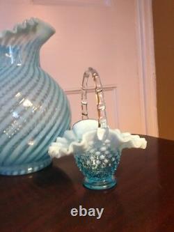 Fenton Blue Opalescent Swirl Spiral Optic Glass Water Pitcher and Hobnail Basket