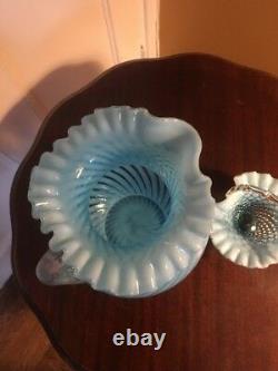 Fenton Blue Opalescent Swirl Spiral Optic Glass Water Pitcher and Hobnail Basket