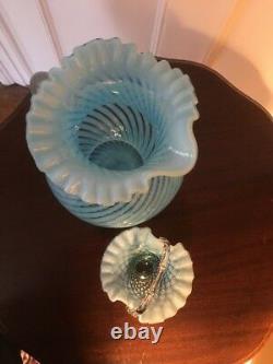 Fenton Blue Opalescent Swirl Spiral Optic Glass Water Pitcher and Hobnail Basket