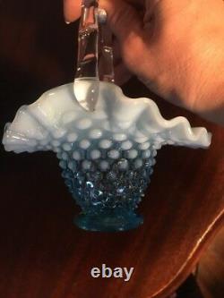 Fenton Blue Opalescent Swirl Spiral Optic Glass Water Pitcher and Hobnail Basket