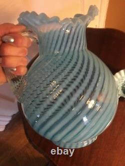 Fenton Blue Opalescent Swirl Spiral Optic Glass Water Pitcher and Hobnail Basket