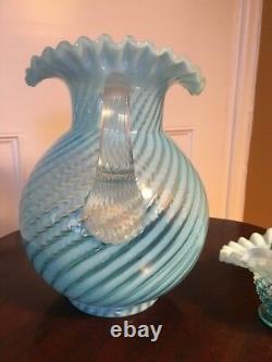 Fenton Blue Opalescent Swirl Spiral Optic Glass Water Pitcher and Hobnail Basket