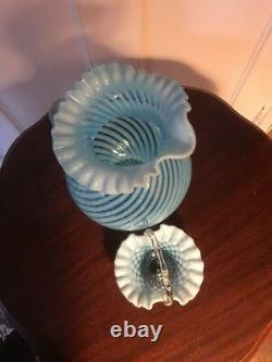 Fenton Blue Opalescent Swirl Spiral Optic Glass Water Pitcher and Hobnail Basket