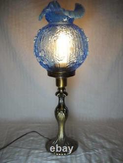 Fenton Cabbage Rose 25 Pillar Lamp Blue with Opalescent Ruffled Shade Brass Base