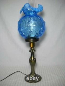 Fenton Cabbage Rose 25 Pillar Lamp Blue with Opalescent Ruffled Shade Brass Base