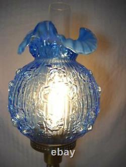 Fenton Cabbage Rose 25 Pillar Lamp Blue with Opalescent Ruffled Shade Brass Base