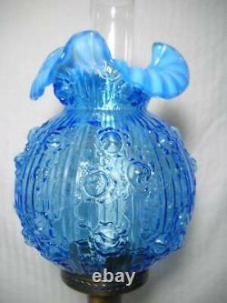 Fenton Cabbage Rose 25 Pillar Lamp Blue with Opalescent Ruffled Shade Brass Base