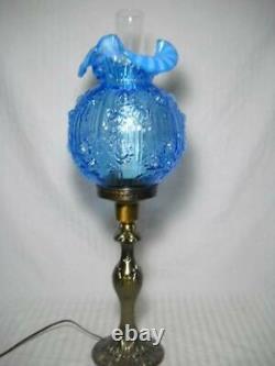 Fenton Cabbage Rose 25 Pillar Lamp Blue with Opalescent Ruffled Shade Brass Base