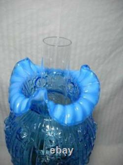 Fenton Cabbage Rose 25 Pillar Lamp Blue with Opalescent Ruffled Shade Brass Base