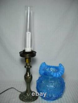 Fenton Cabbage Rose 25 Pillar Lamp Blue with Opalescent Ruffled Shade Brass Base