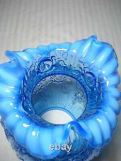 Fenton Cabbage Rose 25 Pillar Lamp Blue with Opalescent Ruffled Shade Brass Base