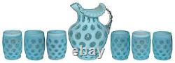 Fenton Coin Dot Blue Opalescent Crimped Pitcher & 6 Barrel Tumblers