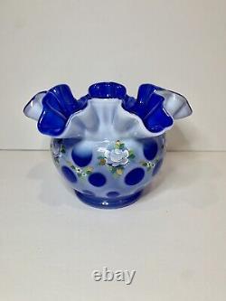 Fenton Coin Dot Blue Opalescent Hand Painted Bowl Signed 2004 Museum Collection