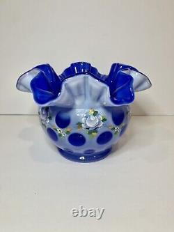 Fenton Coin Dot Blue Opalescent Hand Painted Bowl Signed 2004 Museum Collection