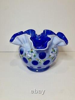 Fenton Coin Dot Blue Opalescent Hand Painted Bowl Signed 2004 Museum Collection