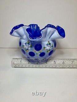 Fenton Coin Dot Blue Opalescent Hand Painted Bowl Signed 2004 Museum Collection