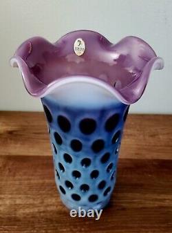 Fenton Coin Dot Thumb Print Opalescent Ruffled Plum Vase 8 RARE