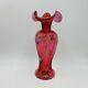 Fenton Cranberry Art Glass Tri Crimp Opalescent Rim Hp Fuchsia Floral Vase 9h