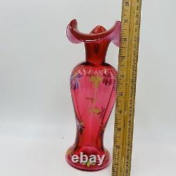 Fenton Cranberry Art Glass Tri Crimp Opalescent Rim HP Fuchsia Floral Vase 9H