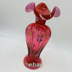 Fenton Cranberry Art Glass Tri Crimp Opalescent Rim HP Fuchsia Floral Vase 9H