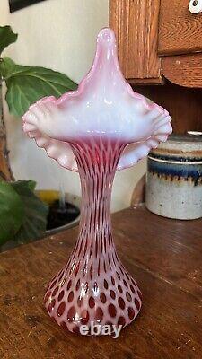 Fenton Cranberry Art Glass Vase-opalescent Jack In The Pulpit Ruffled Crimped