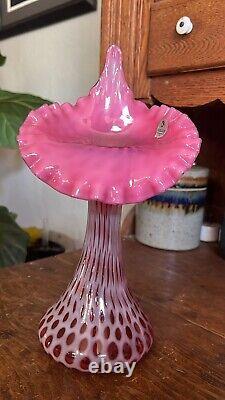 Fenton Cranberry Art Glass Vase-opalescent Jack In The Pulpit Ruffled Crimped