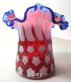 Fenton Cranberry Blue Crest Opalescent Stars & Stripes Crimped Hat vase