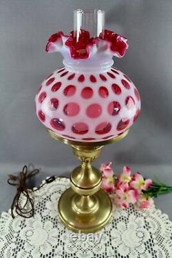 Fenton Cranberry Coin Dot Opalescent Student Lamp 8 Shade