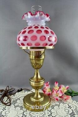 Fenton Cranberry Coin Dot Opalescent Student Lamp 8 Shade