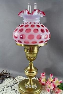 Fenton Cranberry Coin Dot Opalescent Student Lamp 8 Shade