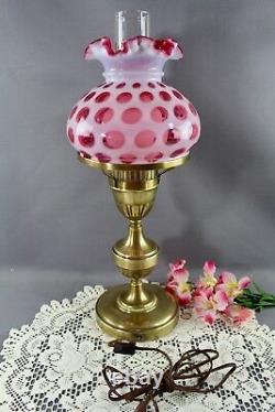 Fenton Cranberry Coin Dot Opalescent Student Lamp 8 Shade