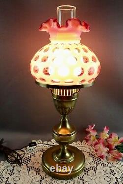 Fenton Cranberry Coin Dot Opalescent Student Lamp 8 Shade