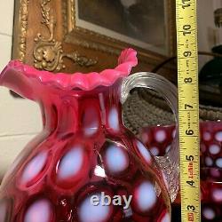 Fenton Cranberry Coin Dot Optic Opalescent Crimped Rim Ball Pitcher & 6 Tumblers