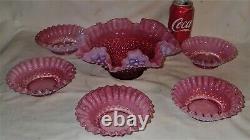 Fenton Cranberry Hobnail Opalescent Art Glass Six Piece Dessert Fruit Bowl Set