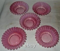 Fenton Cranberry Hobnail Opalescent Art Glass Six Piece Dessert Fruit Bowl Set