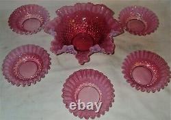 Fenton Cranberry Hobnail Opalescent Art Glass Six Piece Dessert Fruit Bowl Set