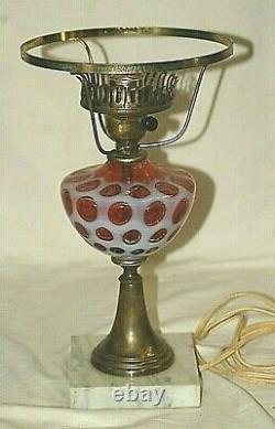 Fenton Cranberry Opalescent Coin Dot Art Glass Table Parlor Lamp Marble Base