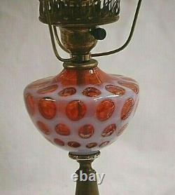 Fenton Cranberry Opalescent Coin Dot Art Glass Table Parlor Lamp Marble Base